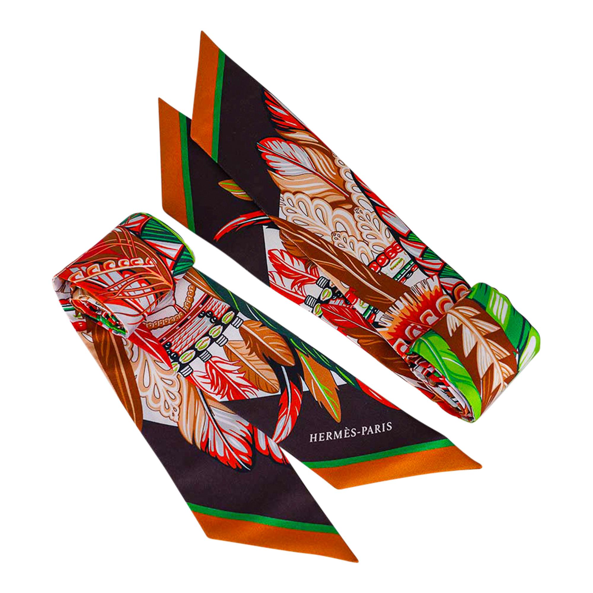 Hermes Twilly Danse Pacifique Vert Vif / Corail / Brun Set of 2 New w/Box 4