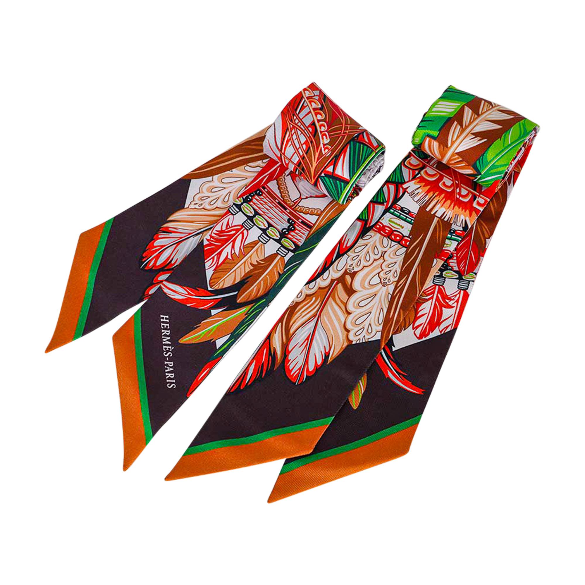 Hermes Twilly Danse Pacifique Vert Vif / Corail / Brun Set of 2 New w/Box 5