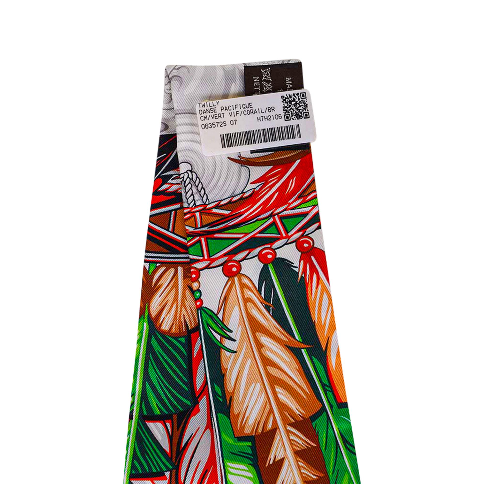 Hermes Twilly Danse Pacifique Vert Vif / Corail / Brun Set of 2 New w/Box 8