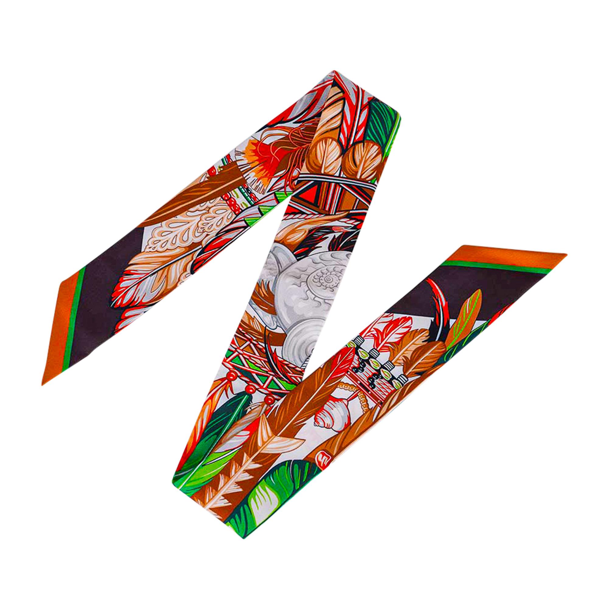 Hermes Twilly Danse Pacifique Vert Vif / Corail / Brun Set of 2 New w/Box 1