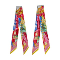 Hermes Twilly Danse Pacifique Vieux Rose/ Bleu / Vert Set of 2 New w/Box