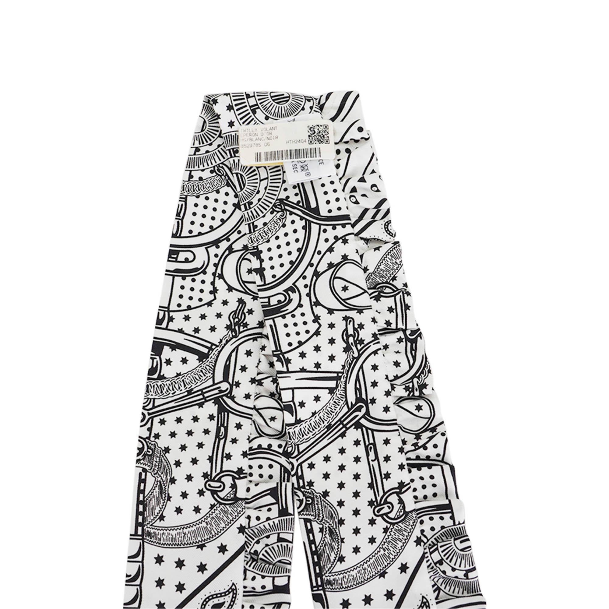 Hermes Twilly Eperon d'Or Bandana Blanc and Noir For Sale 3