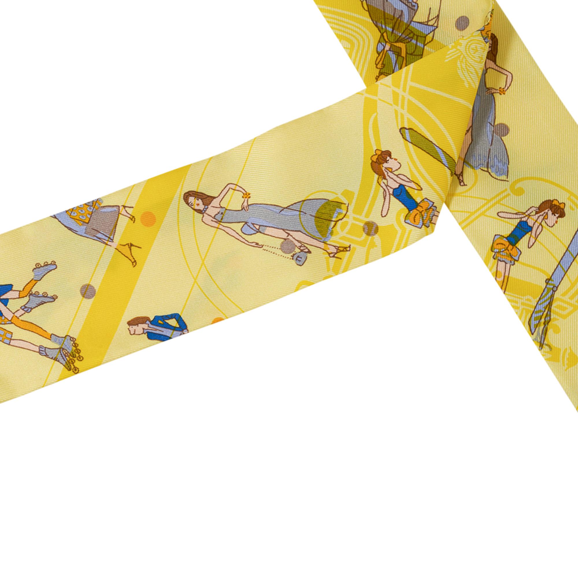 Yellow Hermes Twilly Ex-Libris Les Parisiennes Jaune Soufre / Gris Set of 2 New w/Box