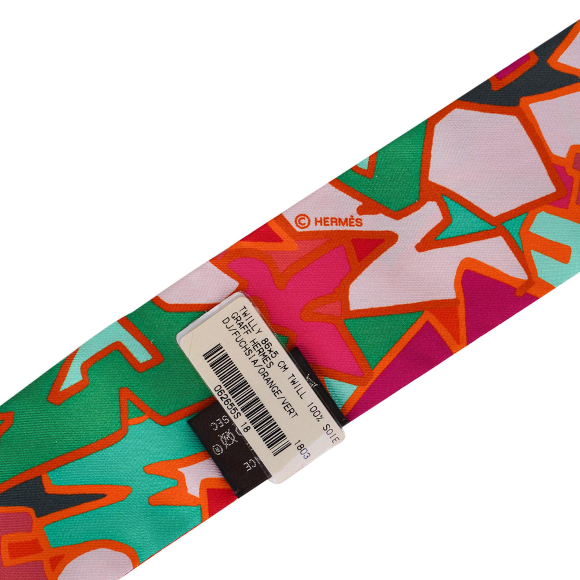 Hermes Twilly Graff Graffiti by Kongo Pair Fucshia / Orange/ Vert For Sale 4