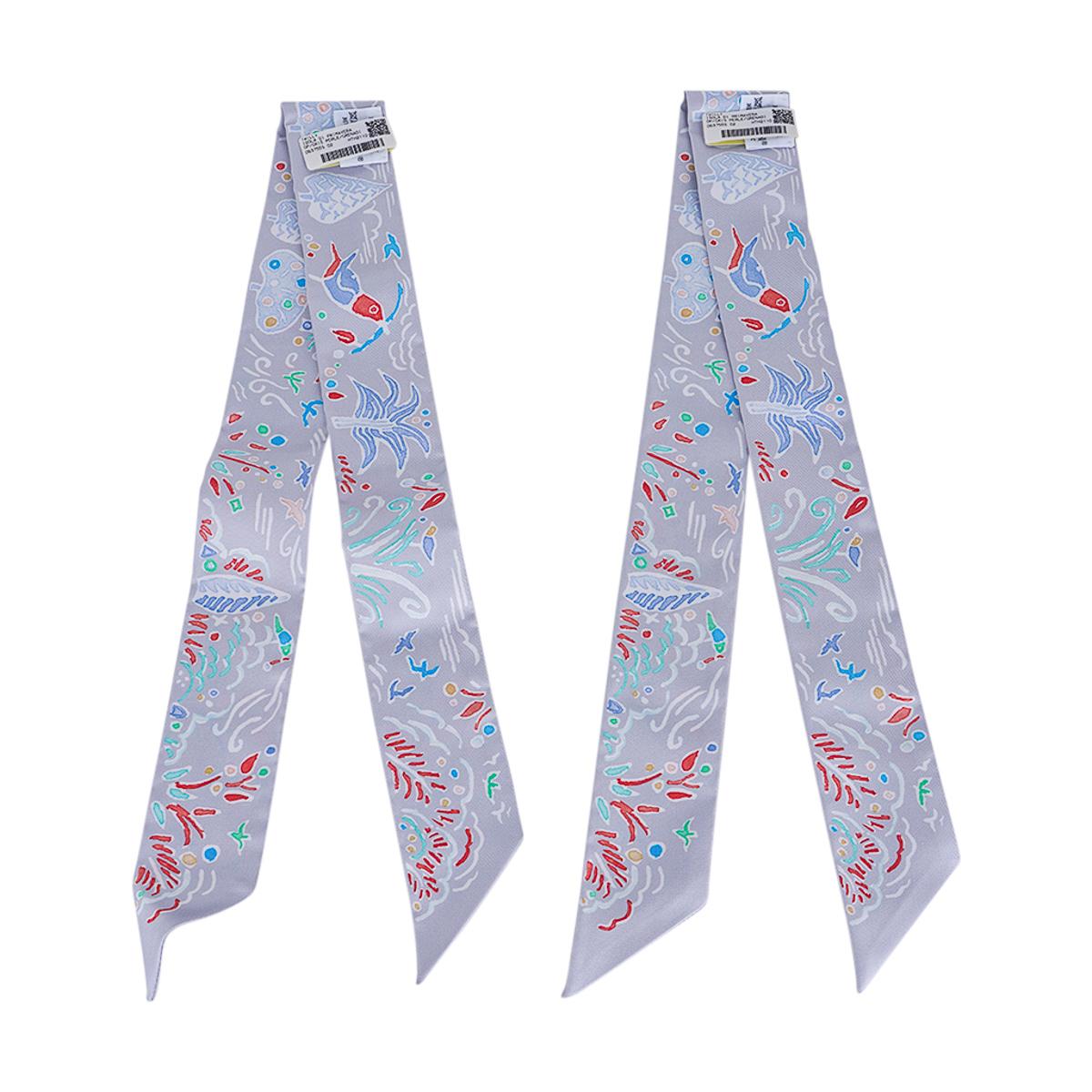 Hermes Twilly Isola di Primavera Gris Perle / Grenadine Silk Scarf Set of Two 2