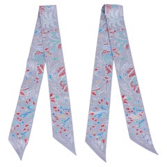 Hermes Twilly Isola di Primavera Gris Perle / Grenadine Silk Scarf Set of Two