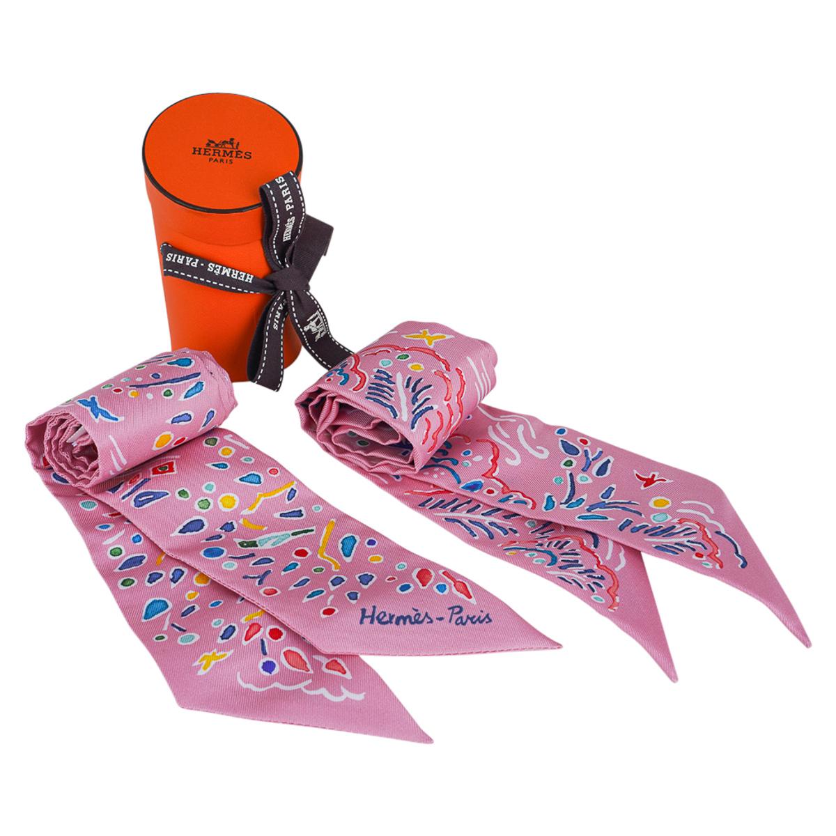 Mightychic offers a set of two (2) Hermes Isola de Primavera  Twilly set of two (2).
Featured in Rose, Bleu and Multicolore colorway.
Designed by Matthieu Cosse. 
Comes with signature Hermes box and ribbon.
NEW or NEVER WORN.
final sale

SIZE:
32