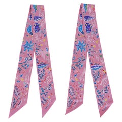 Hermes Twilly Isola di Primavera Rose / Bleu / Multicolore Silk Scarf Set of Two