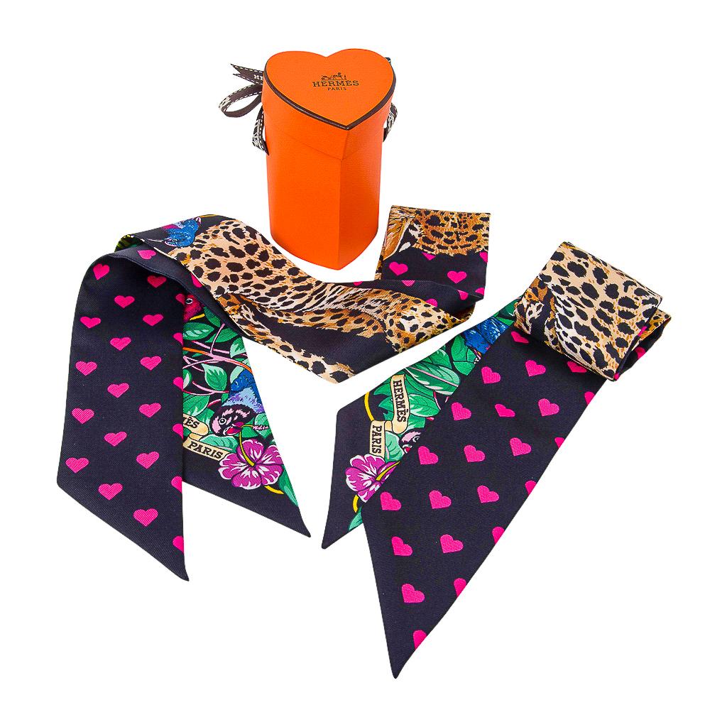 Ensemble de 2 pièces Twilly Jungle Love Love Love Noir / Vert / Rose Vif Hermès:: état neuf avec boîte 6