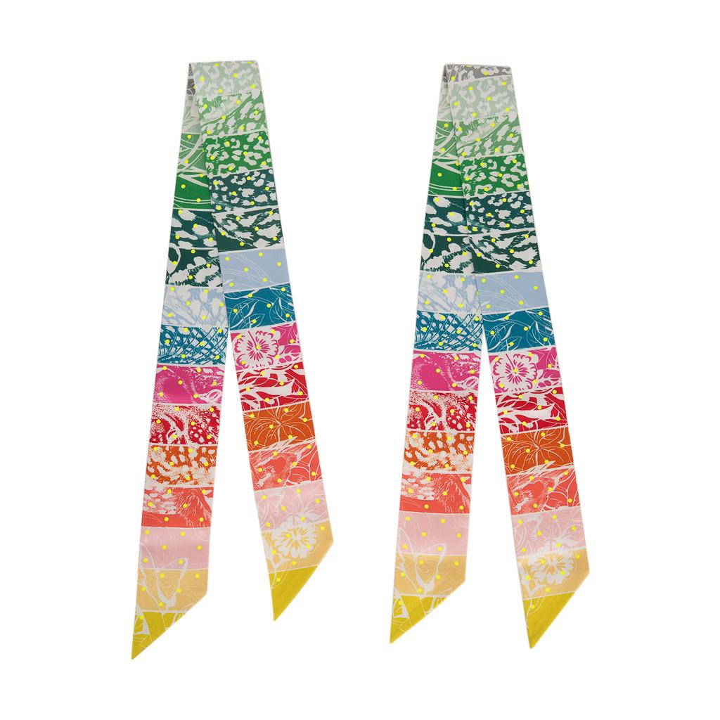 Women's Hermes Twilly Jungle Love Rainbow Plumetis Vert / Rose / Jaune set of 2