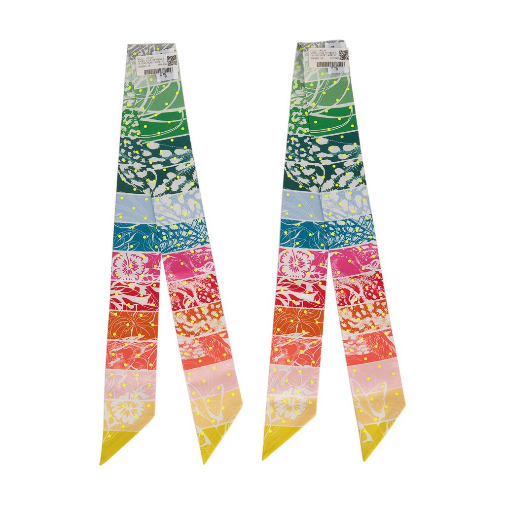 Hermes Twilly Jungle Love Rainbow Plumetis Vert / Rose / Jaune set of 2 2