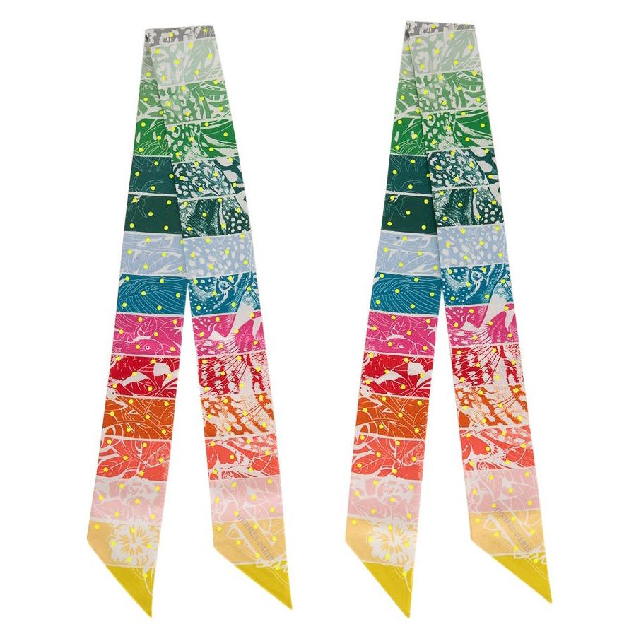 Hermes Twilly Jungle Love Rainbow Plumetis Vert / Rose / Jaune set of 2