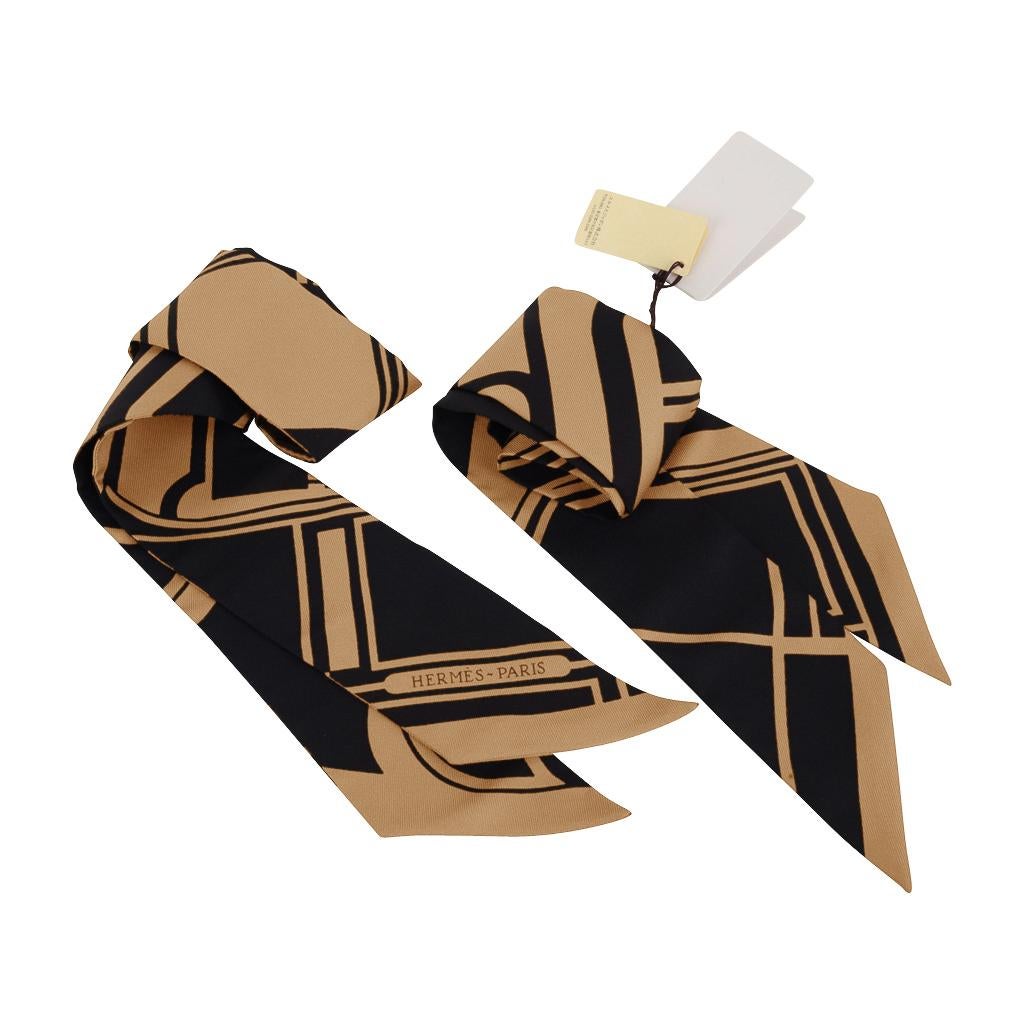 Hermes Twilly Les Coupes Tattoo Silk Scarf Camel / Noir Set of 2 In New Condition In Miami, FL