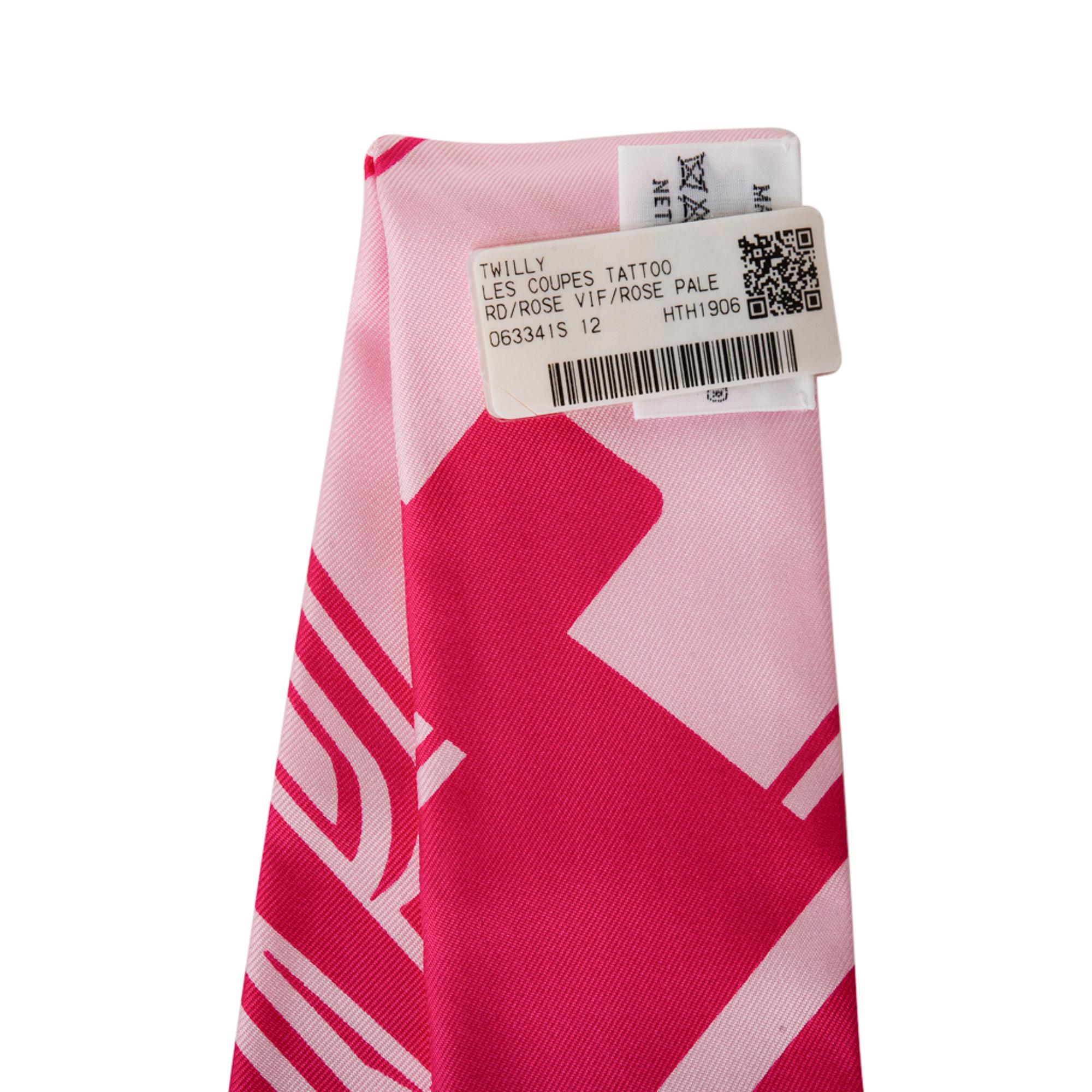 Hermes Twilly Les Coupes Tattoo Silk Scarf Rose Vif/ Rose Pale Set of 2 New For Sale 1