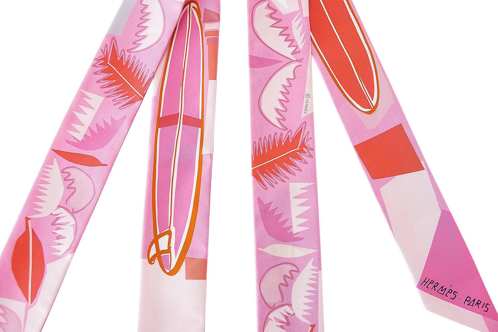 Guaranteed authentic Hermes Twilly in Sea Surf and Fun limited edition.
Perfect fresh summer pinks.
Tropical palms and surfboards.
Each one comes with Hermes box.
final sale
NEW or NEVER WORN
final sale

Did you know:  The first scarf designed for