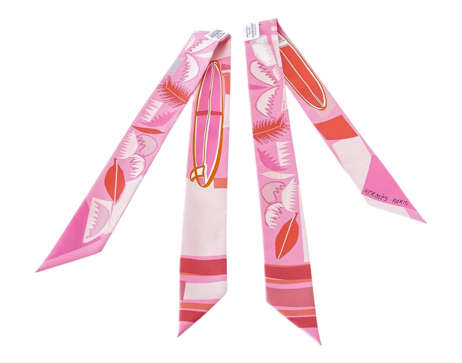 Hermes Twilly Pink Sea Surf and Fun Limited Edition Set of 2  by Filipe Jardim In New Condition In Miami, FL