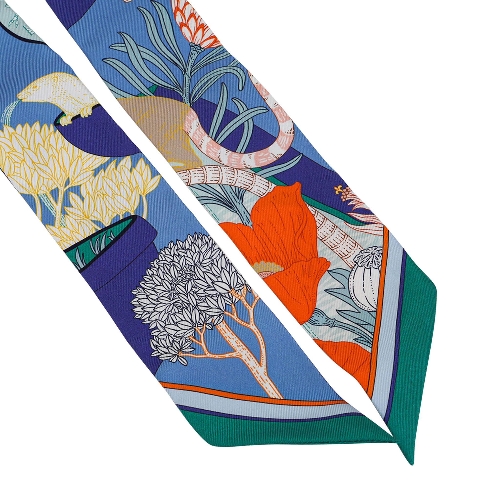 Hermes Twilly Precious Paradise Blue Jean Orange und Vert (Grau) im Angebot
