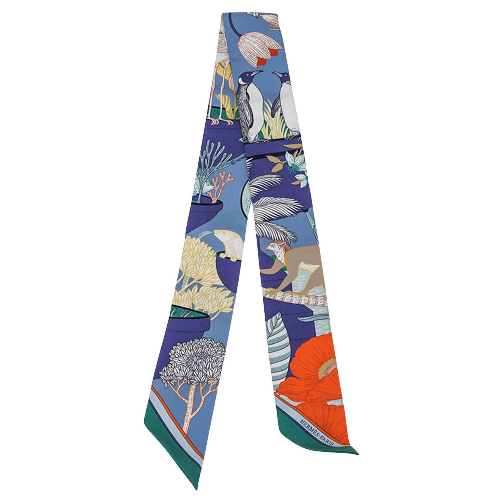 Hermes Twilly Precious Paradise Blue Jean Orange und Vert im Angebot