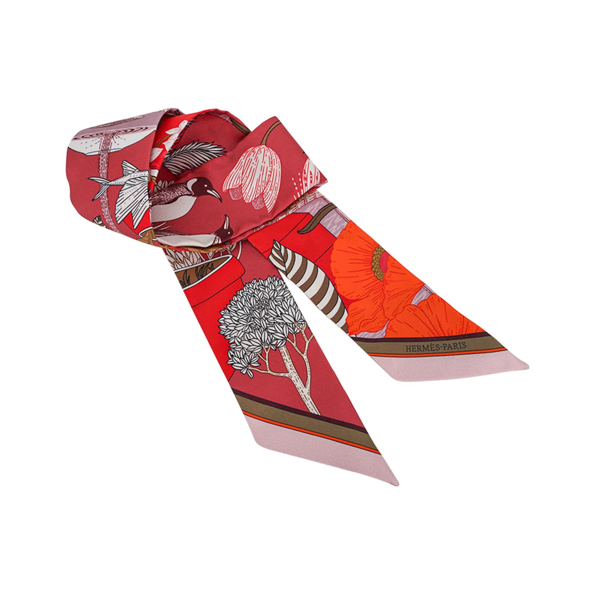 Hermes Twilly Precious Paradise Rouge Bronze and Orange Silk Scarf Set of 2 For Sale 5