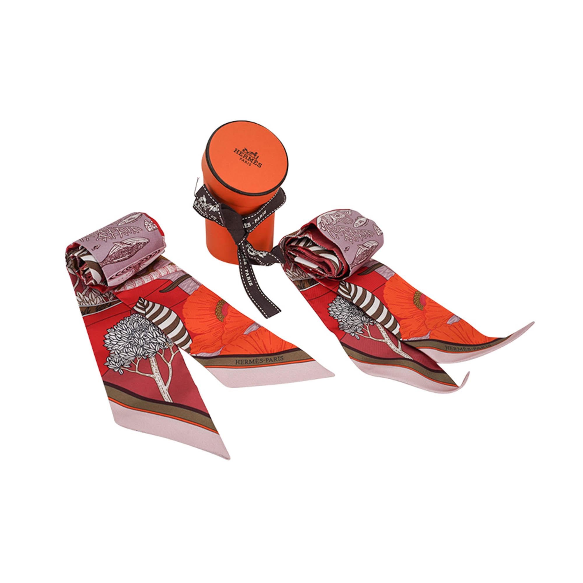 Hermes Twilly Precious Paradise Rouge Bronze and Orange Silk Scarf Set of 2 For Sale 6