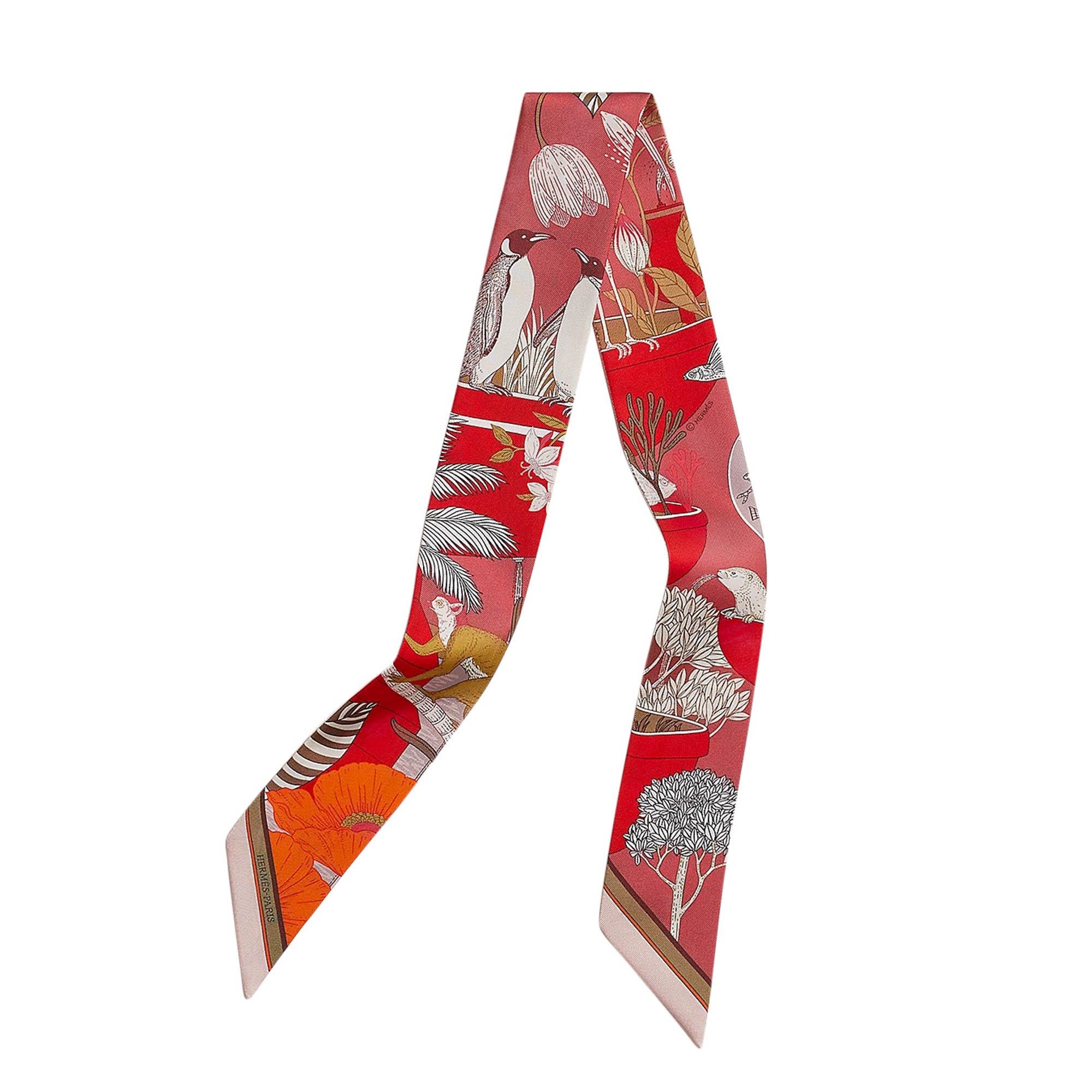 Hermes Twilly Precious Paradise Rouge Bronze and Orange Silk Scarf Set of 2 For Sale 7