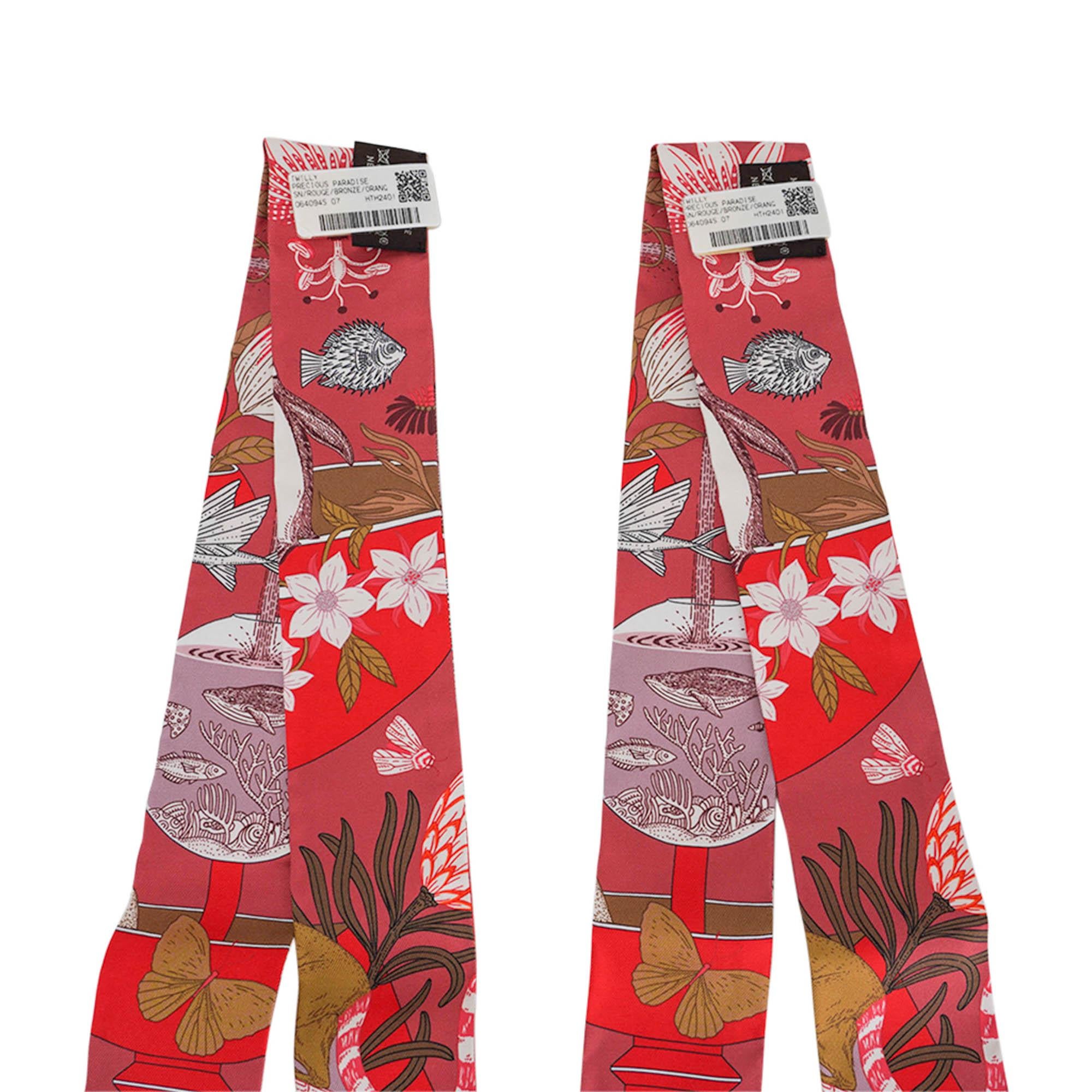 Pink Hermes Twilly Precious Paradise Rouge Bronze and Orange Silk Scarf Set of 2 For Sale
