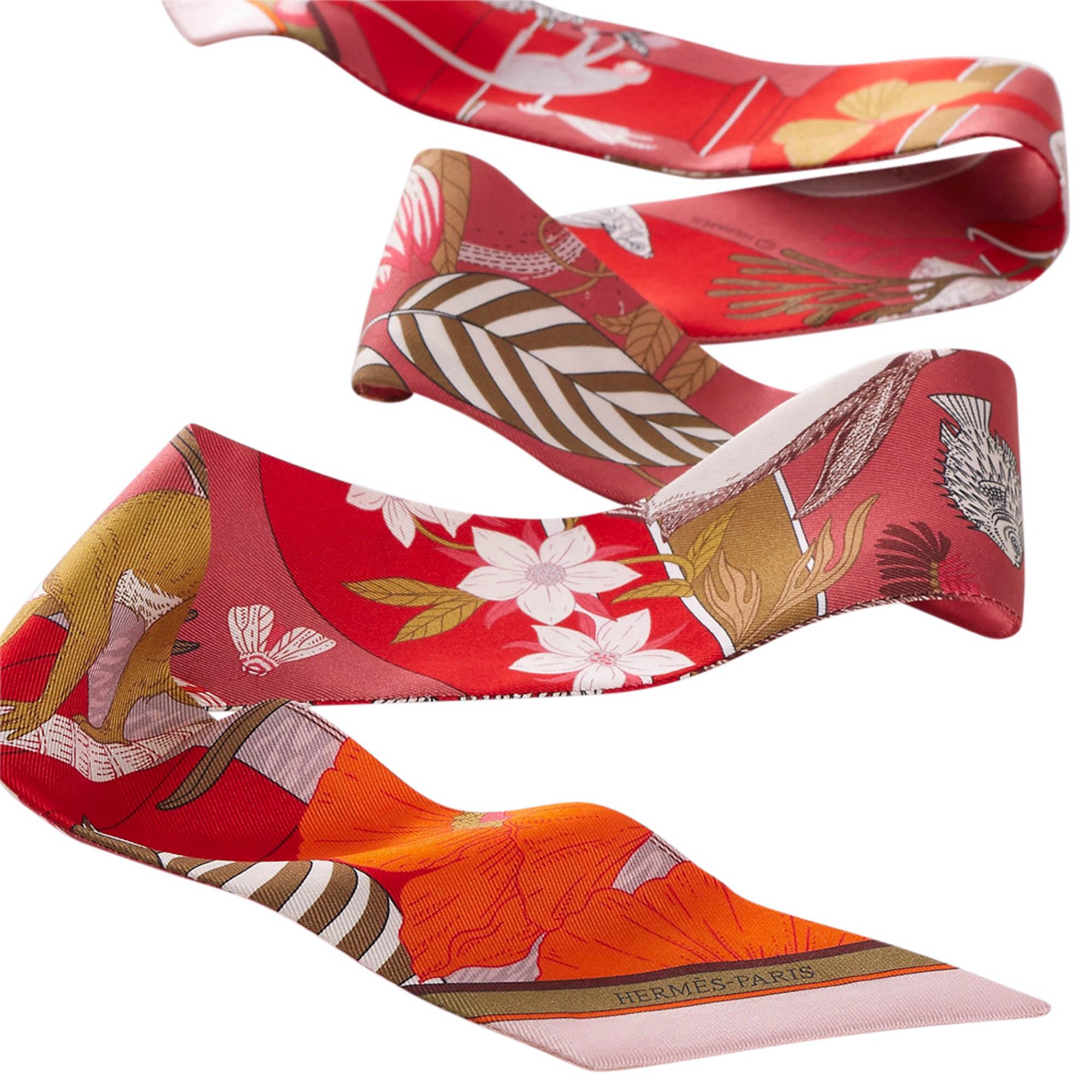 Hermes Twilly Precious Paradise Rouge Bronze and Orange Silk Scarf Set of 2 In New Condition For Sale In Miami, FL