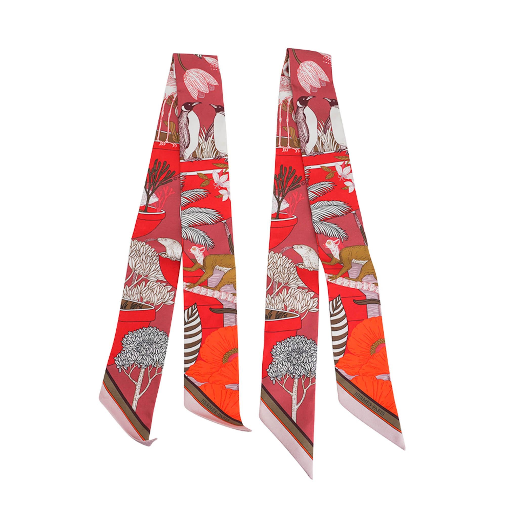 Women's Hermes Twilly Precious Paradise Rouge Bronze and Orange Silk Scarf Set of 2 For Sale