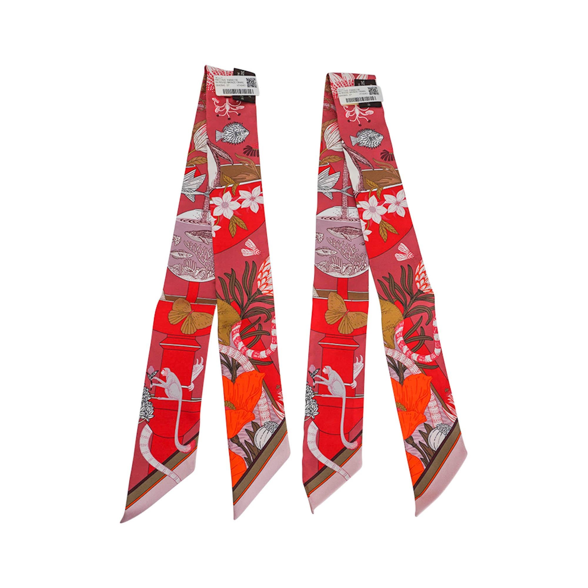 Hermes Twilly Precious Paradise Rouge Bronze and Orange Silk Scarf Set of 2 For Sale 1