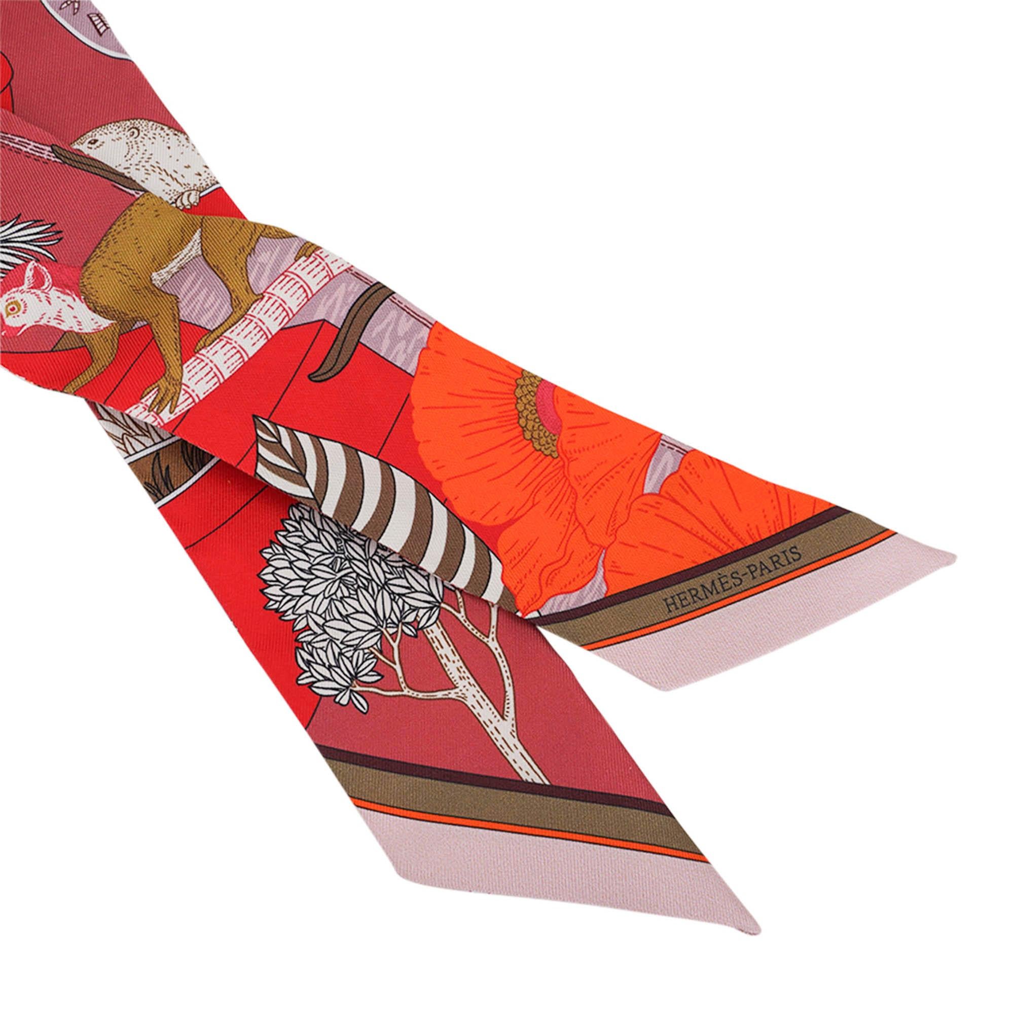 Hermes Twilly Precious Paradise Rouge Bronze and Orange Silk Scarf Set of 2 For Sale 2