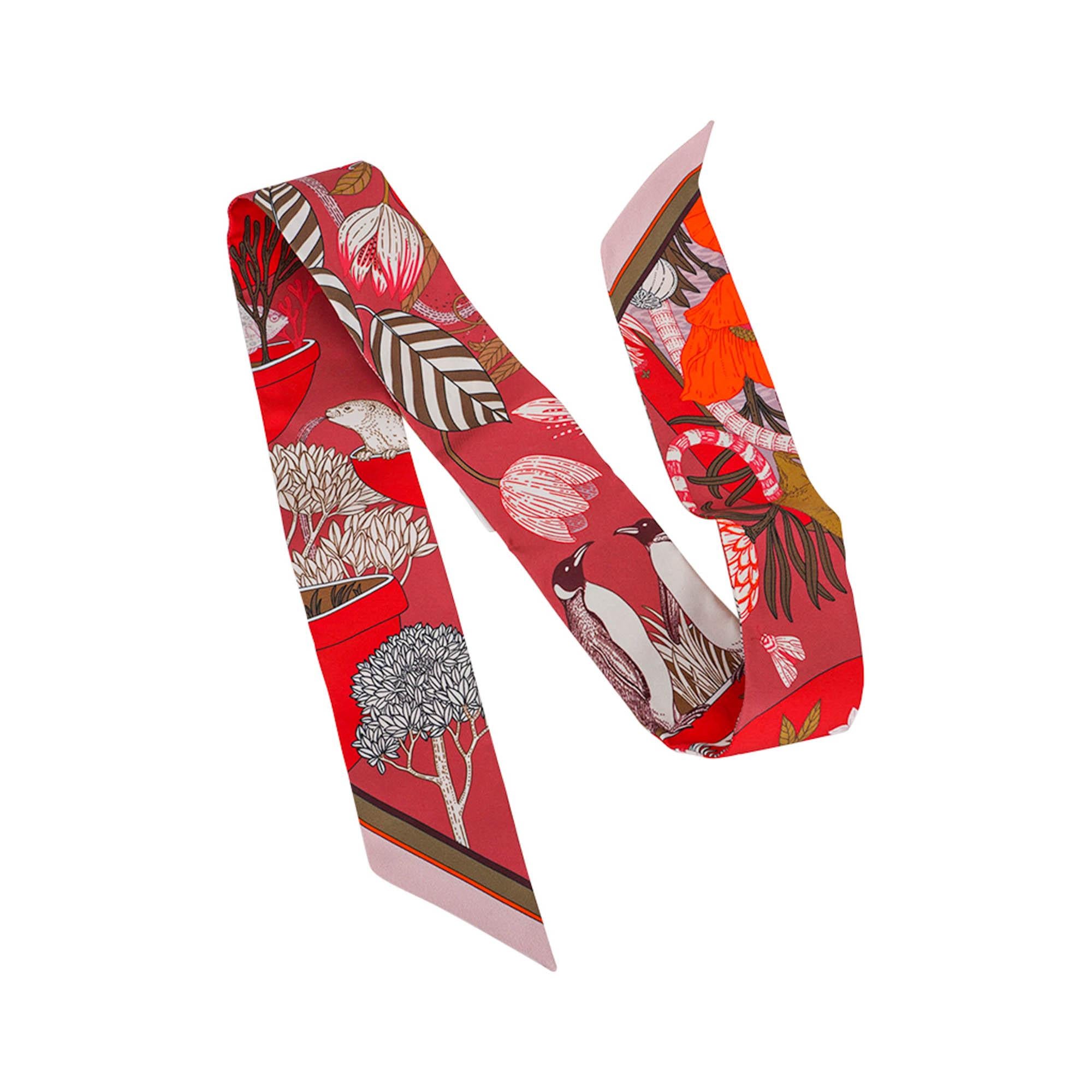 Hermes Twilly Precious Paradise Rouge Bronze and Orange Silk Scarf Set of 2 For Sale 4