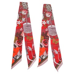 Hermes Twilly Precious Paradise Rouge Bronze et Orange Foulard en soie Set of 2