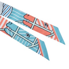 Hermes Twilly Quadrige Bayadere Aqua Vieux Rose Blue Jean Set of 2