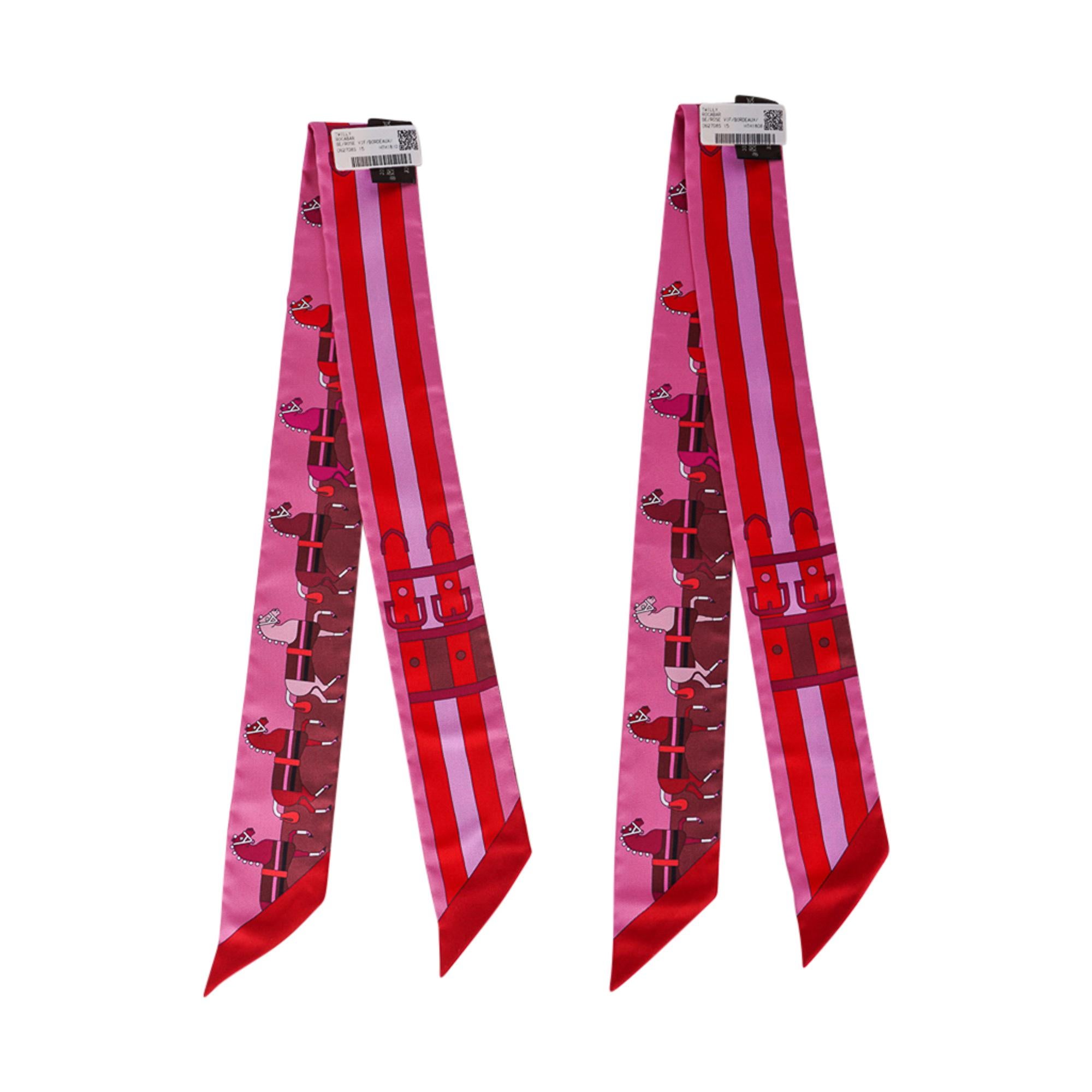 Hermes Twilly Rocabar Seidenschal Rose Vif /Bordeaux 2er Set Neu w / Box 2
