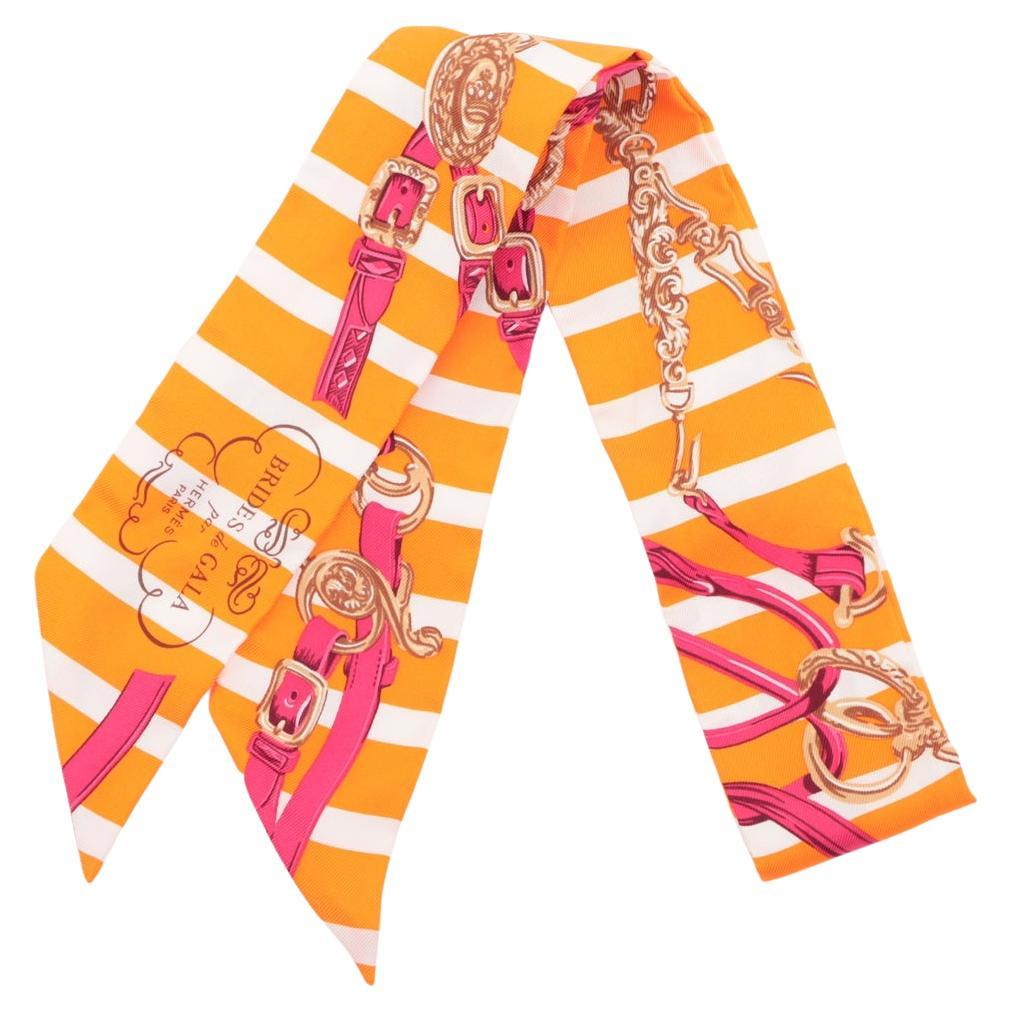 Hermès Twilly Silk Brides de Gala Stripes Orange x White For Sale