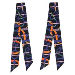 Hermes Twilly Silk Panoplie Equestre Cabon Violet Orange Set of 2