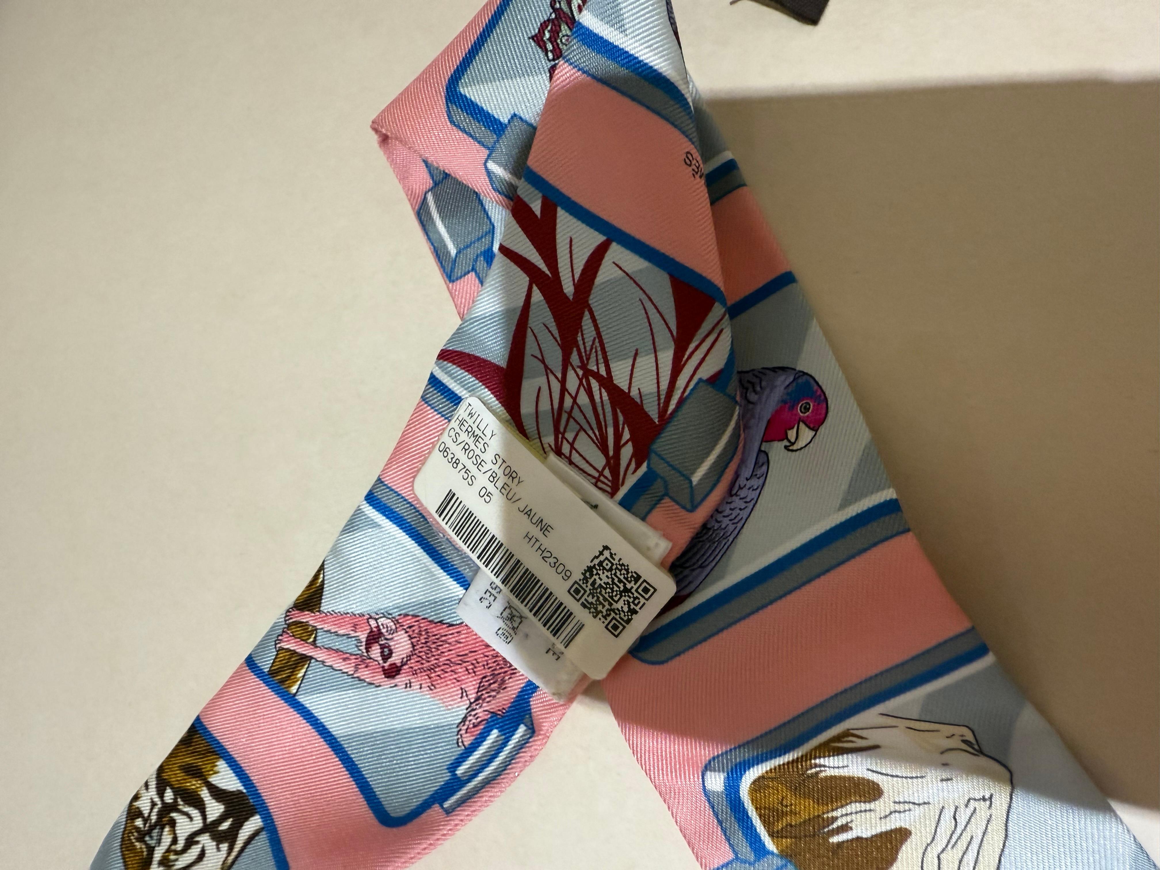 Women's or Men's Hermes Twilly Silk Story in Rose, Bleu and Jaune For Sale