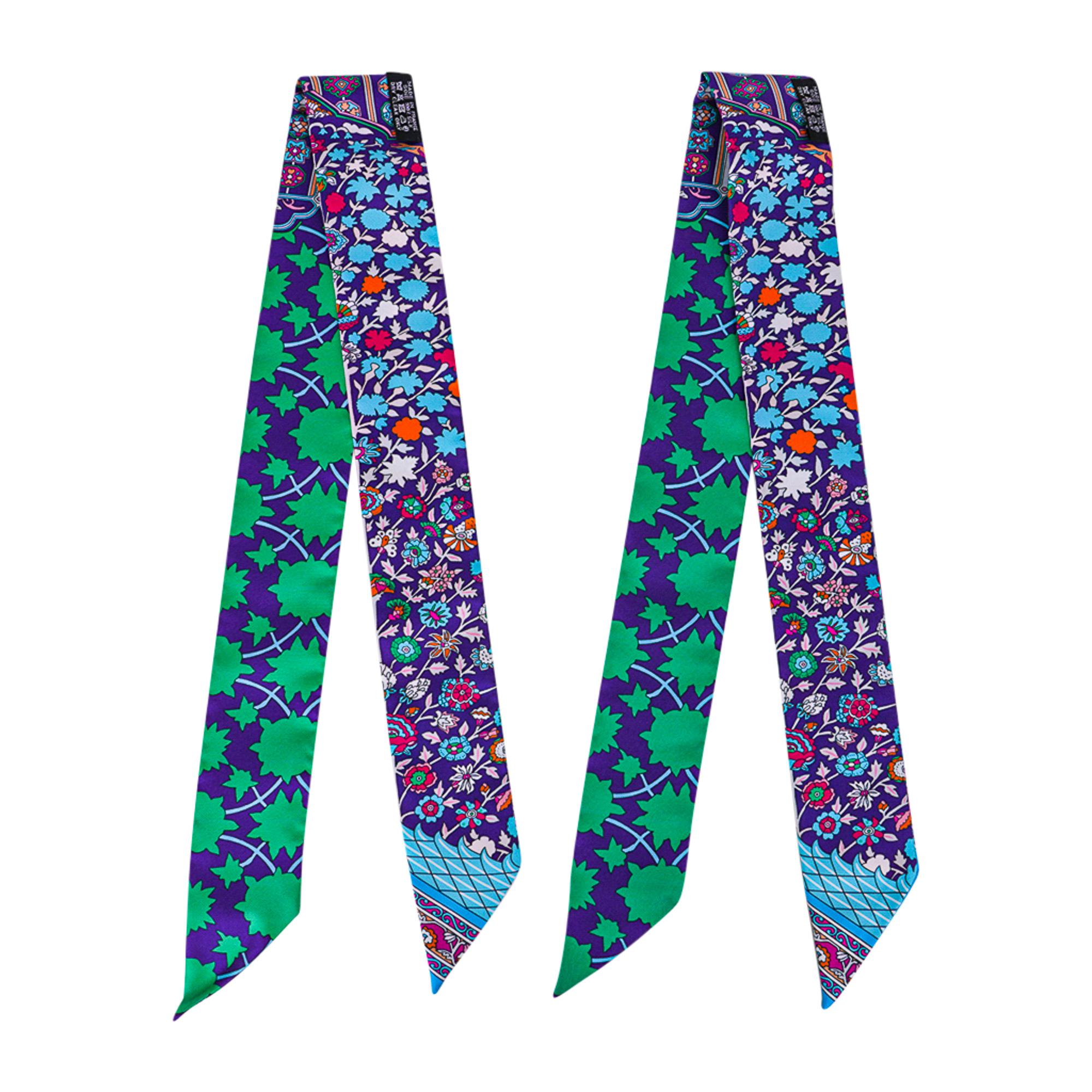 Hermes Twilly Tapis Persan Fresh Green Blues Fuschia Silk Scarf Set of 2 en vente 4