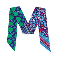 Hermes Twilly Tapis Persan Fresh Green Blues Fuschia Silk Scarf Set of 2
