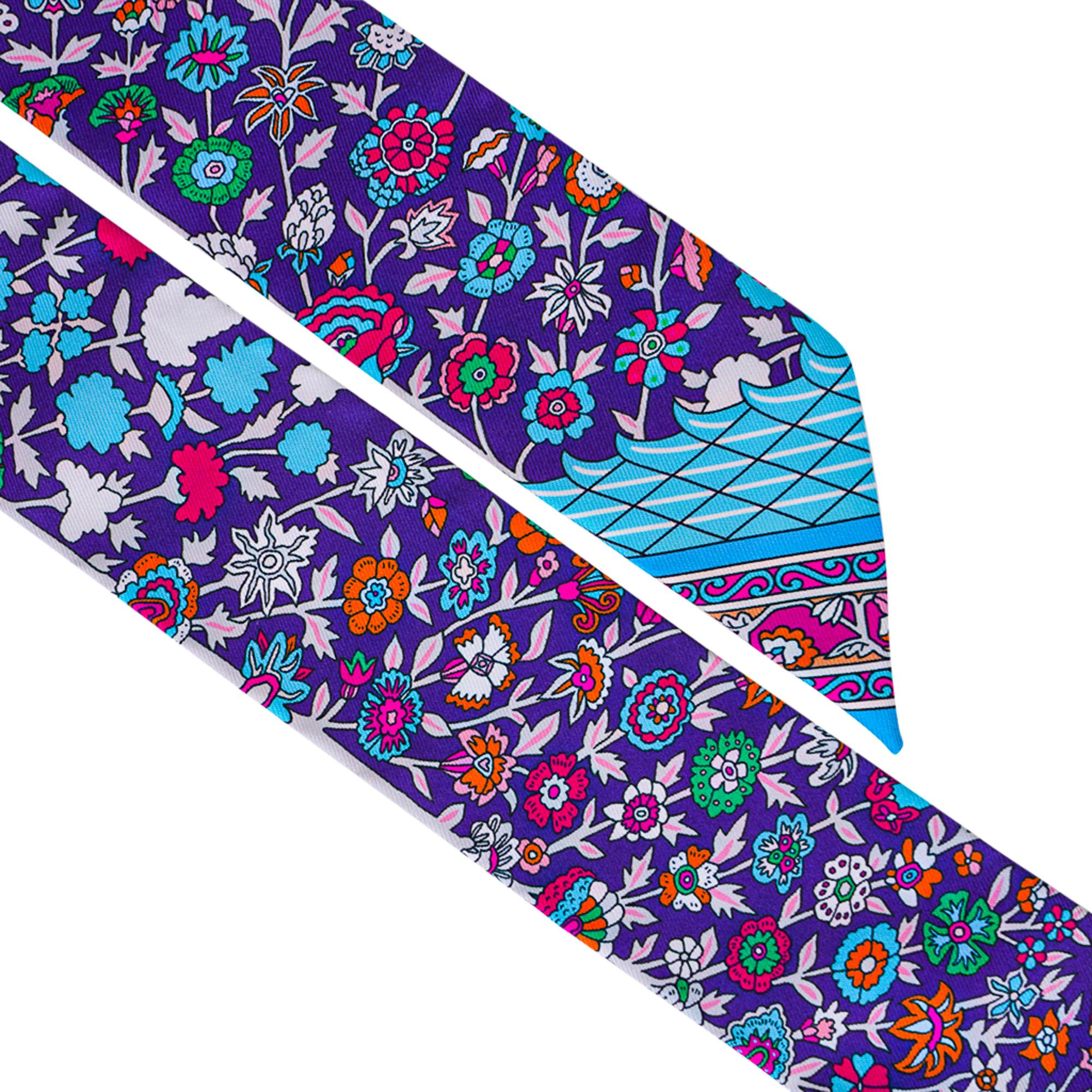 Purple Hermes Twilly Tapis Persan Fresh Green Blues Fuschia Silk Scarf Set of 2