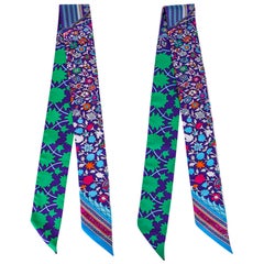 Hermes Twilly Tapis Persan Fresh Green Blues Fuschia Silk Scarf Set of 2