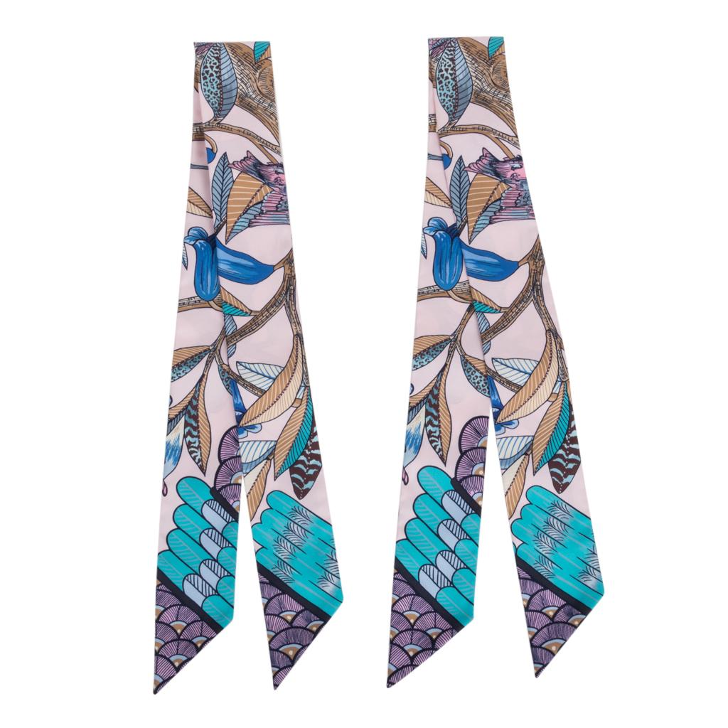 Hermes Twilly Tree Of Song Rose Pale Turquoise Set of 2 New Scarf In New Condition In Miami, FL