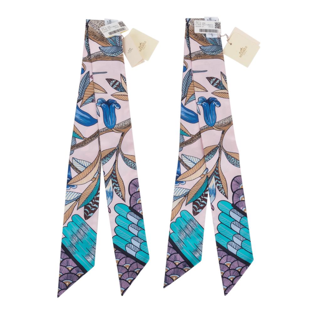 Hermes Twilly Tree Of Song Rose Pale Turquoise Set of 2 New Scarf In New Condition In Miami, FL