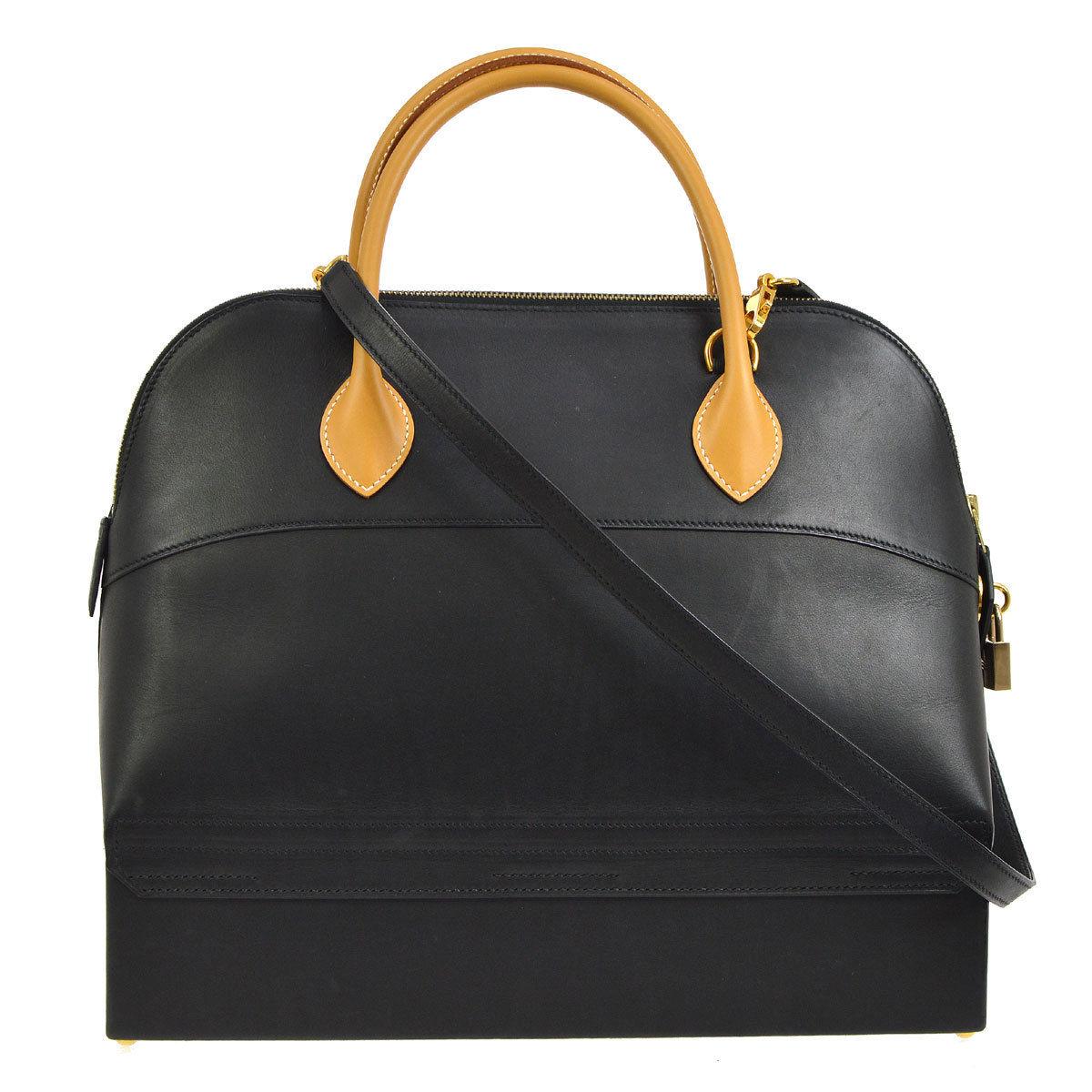 Hermes Two-Tone Black Cognac Leather Gold Top Handle Satchel Travel Weekend Tote In Good Condition In Chicago, IL