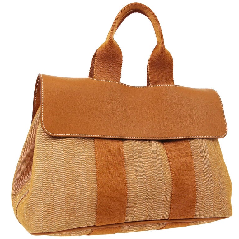 Hermes Two Tone Cognac Canvas Fabric Men''s Women''s Holdall Travel Tote Bag  at 1stDibs