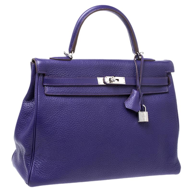 Purple Hermes Ultraviolet Clemence Leather Palladium Hardware Kelly Retourne 35 Bag