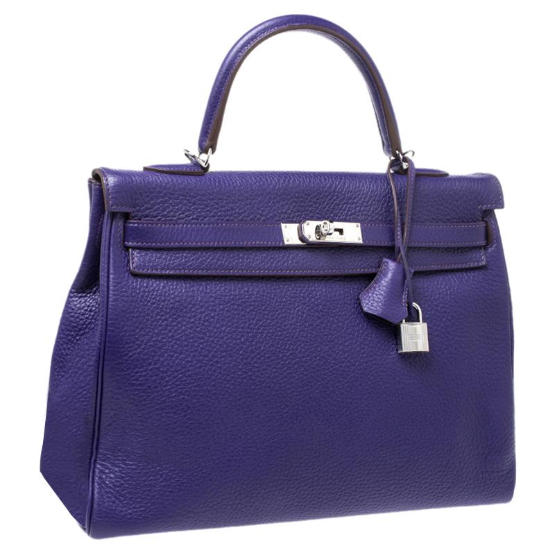 Purple Hermes Ultraviolet Clemence Leather Palladium Hardware Kelly Retourne 35 Bag