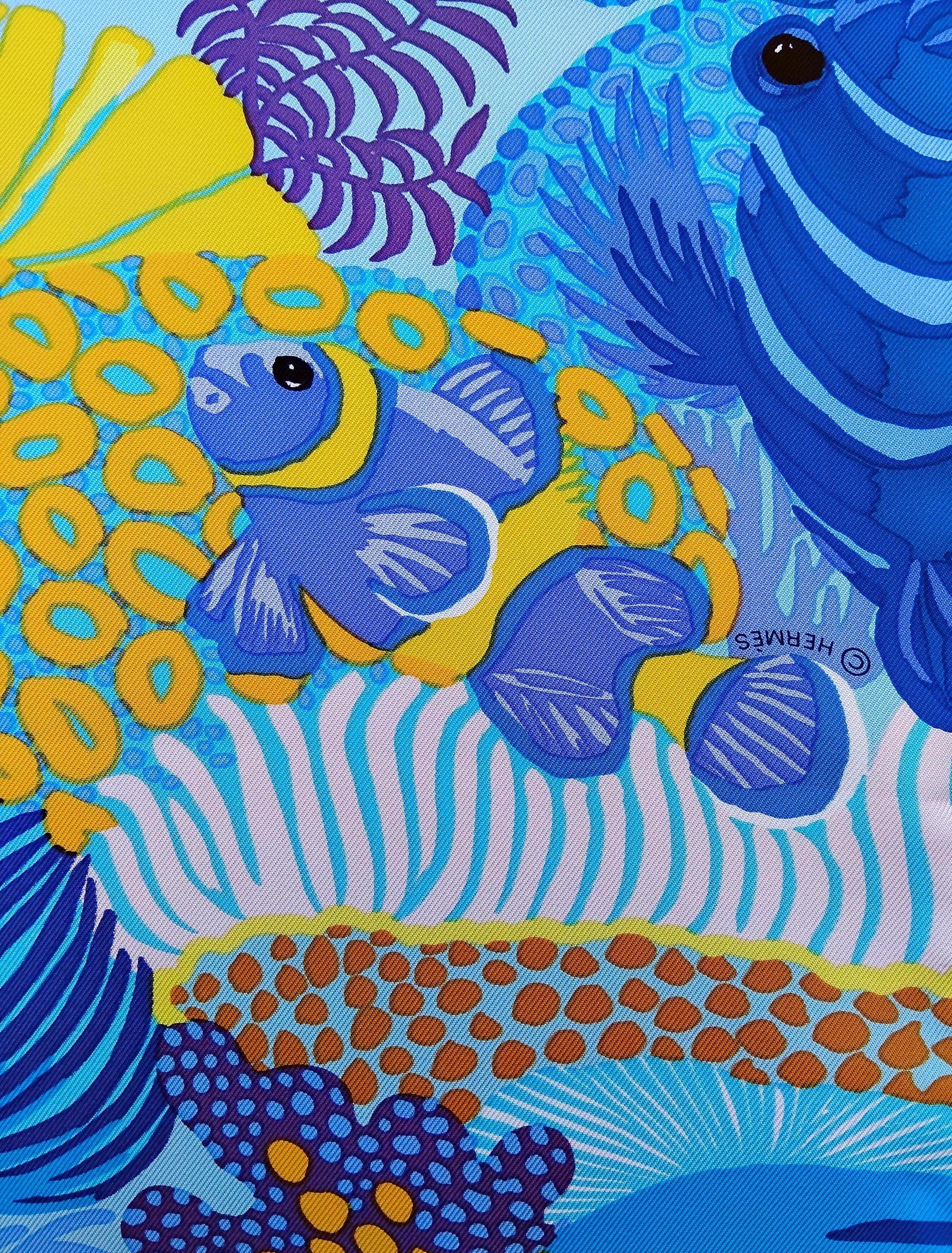 Hermès Under The Waves Seidenschal Türkis Blau Gelbe Alice Shirley 90 cm 8