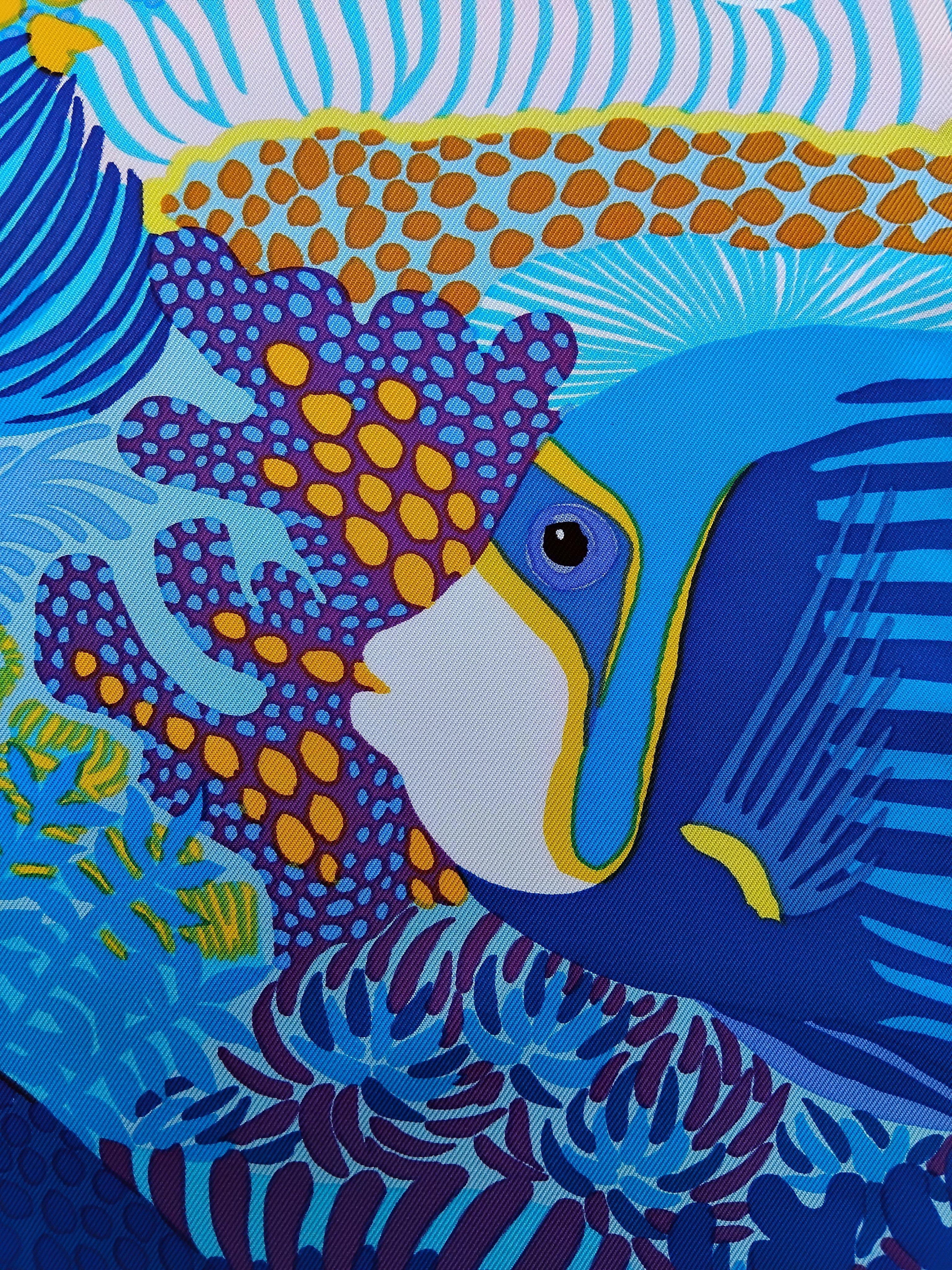 Hermès Under The Waves Seidenschal Türkis Blau Gelbe Alice Shirley 90 cm 9