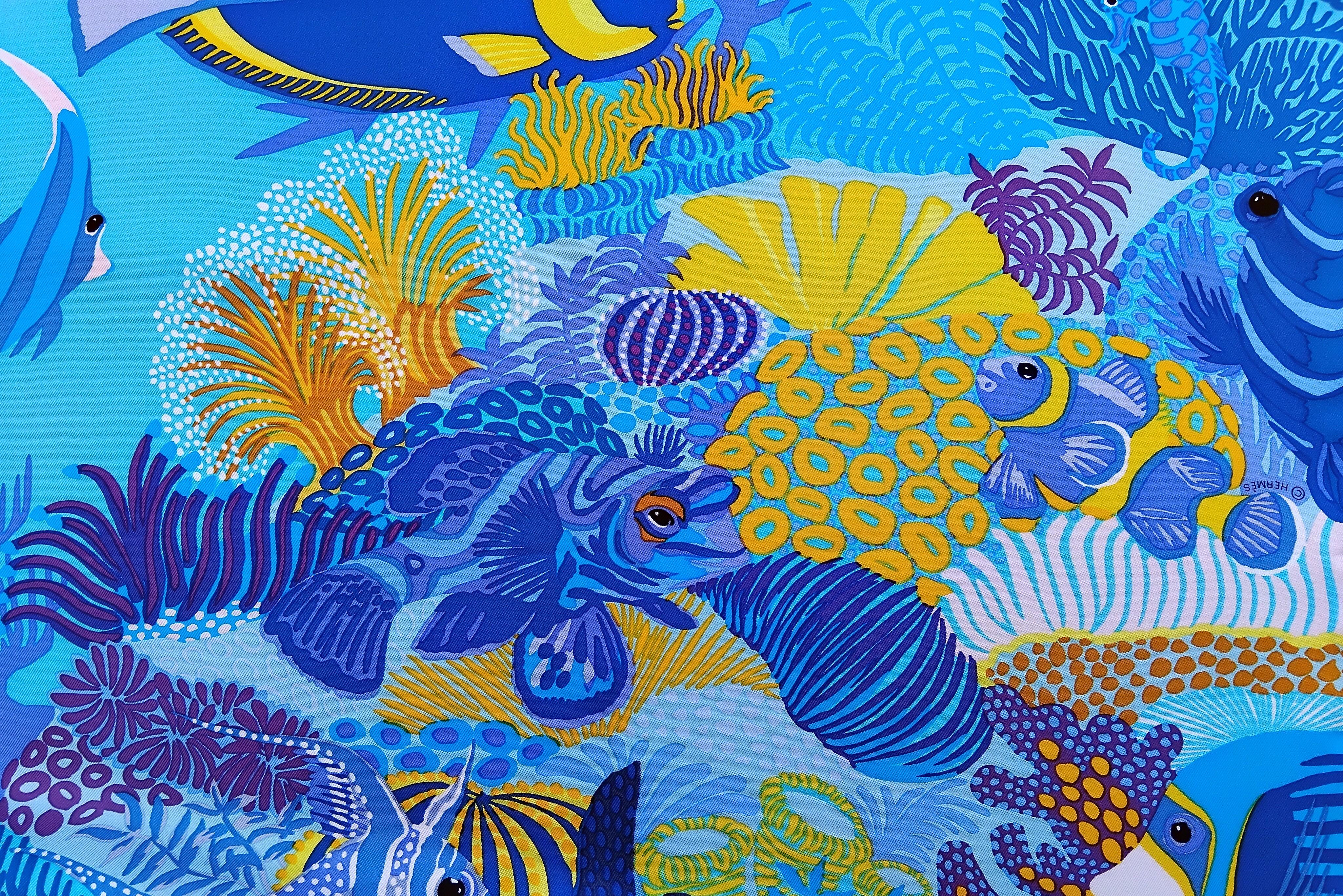 Hermès Under The Waves Seidenschal Türkis Blau Gelbe Alice Shirley 90 cm 10